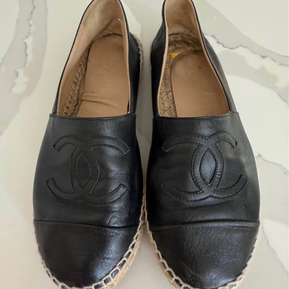 CHANEL Black Leather Espadrilles